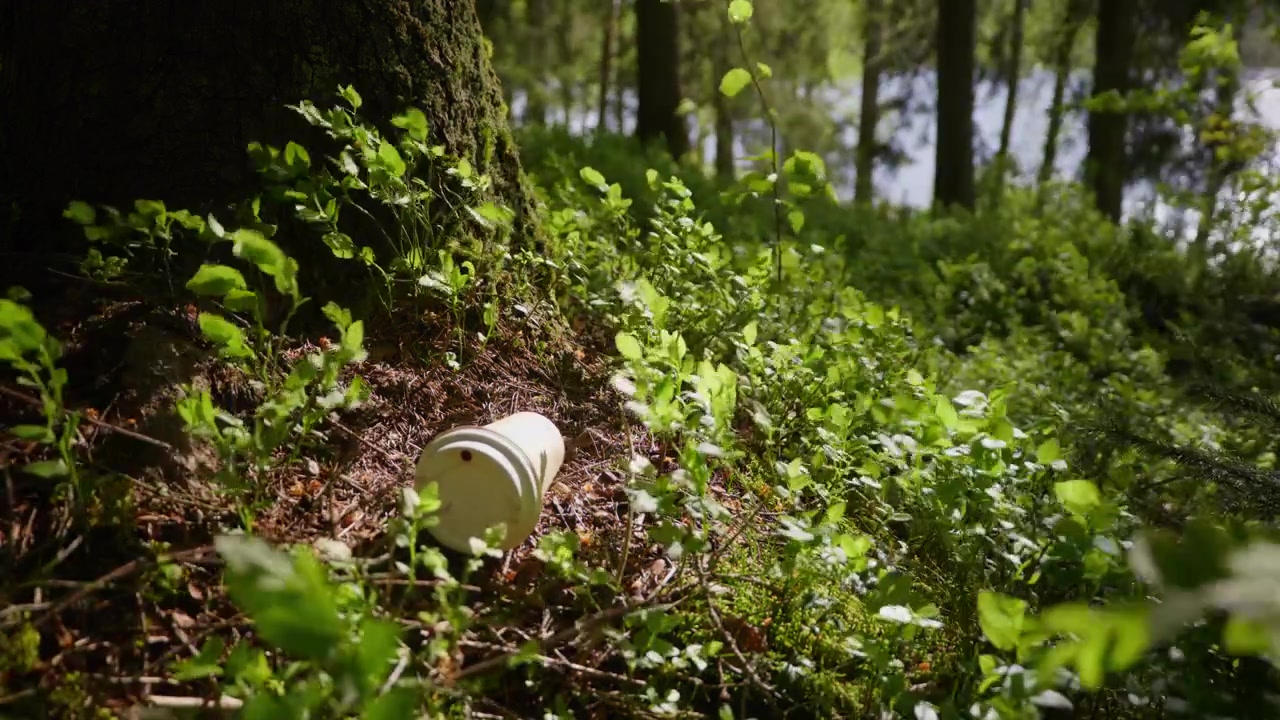 A white cup lies abandoned amidst vibrant green foliage at the base of a tree, with a serene lake visible in the background. Suitable for environmental awareness content.