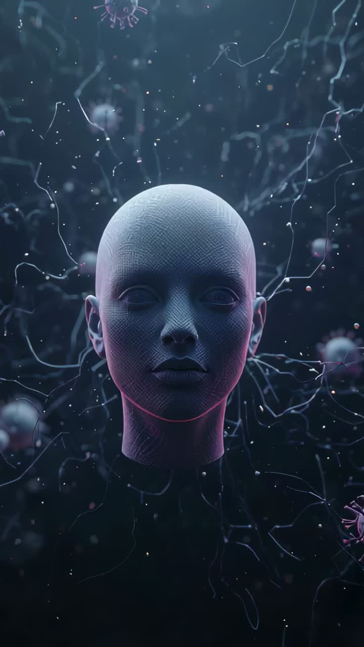 Video verticale: Impulsi neurali che generano una testa sintetica che mostra increspature e un bordo rosa cangiante nel vuoto