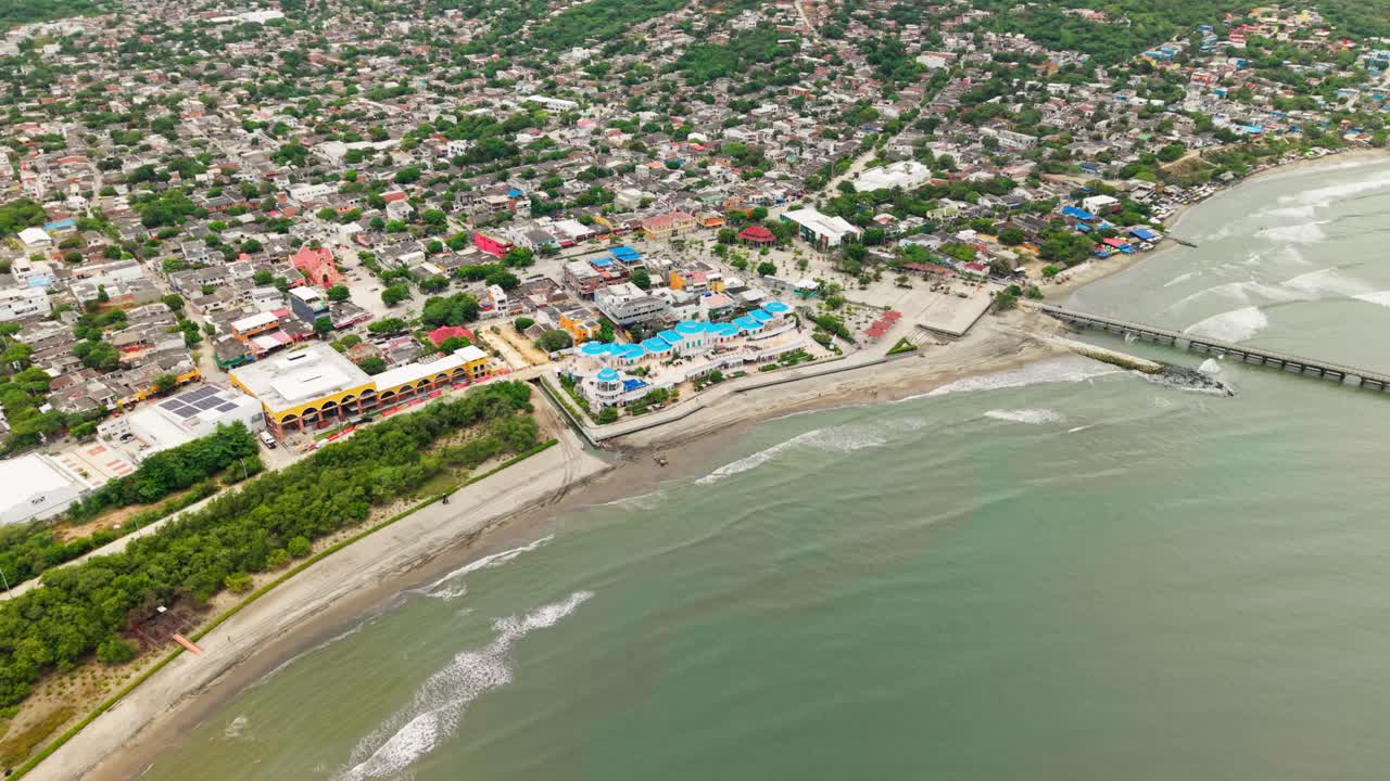 Panoramic aerial dolly in view showing the beautiful coastline and urban landscape of puerto colombia