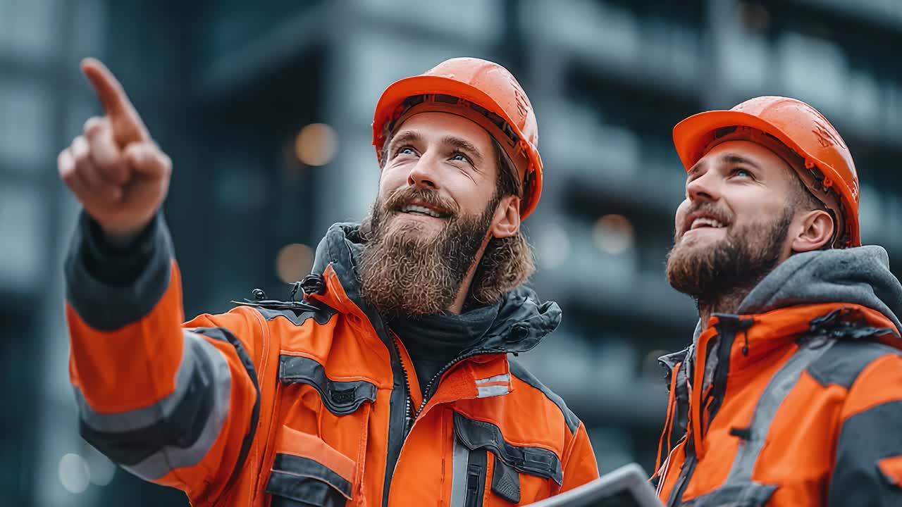 Two construction workers in safety gear discussing plans while pointing at construction site, showcasing teamwork and professionalism in a dynamic urban environment