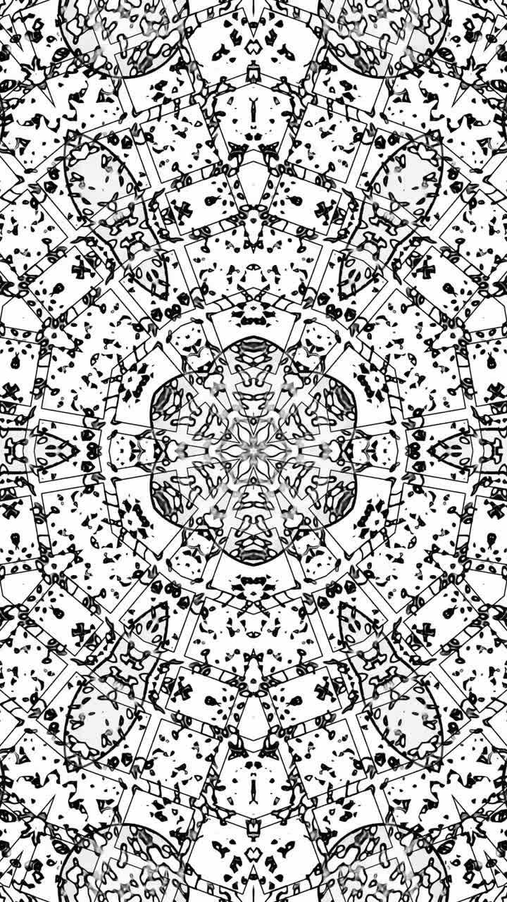 Loop continuo di un motivo caleidoscopico disegnato a inchiostro in bianco e nero. Formato verticale per storie, reel e TikTok dei social media