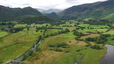 Drone-flight-towards-the-Honister-Pass,-The-Lake-District-on-a-sunny-summer-morning