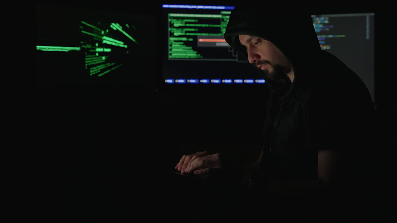 Hacker in hoodie working at computer in the dark