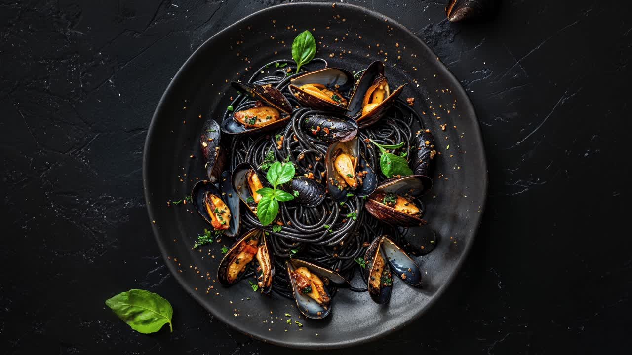 Gourmet Squid Ink Spaghetti with Clams and Mussels