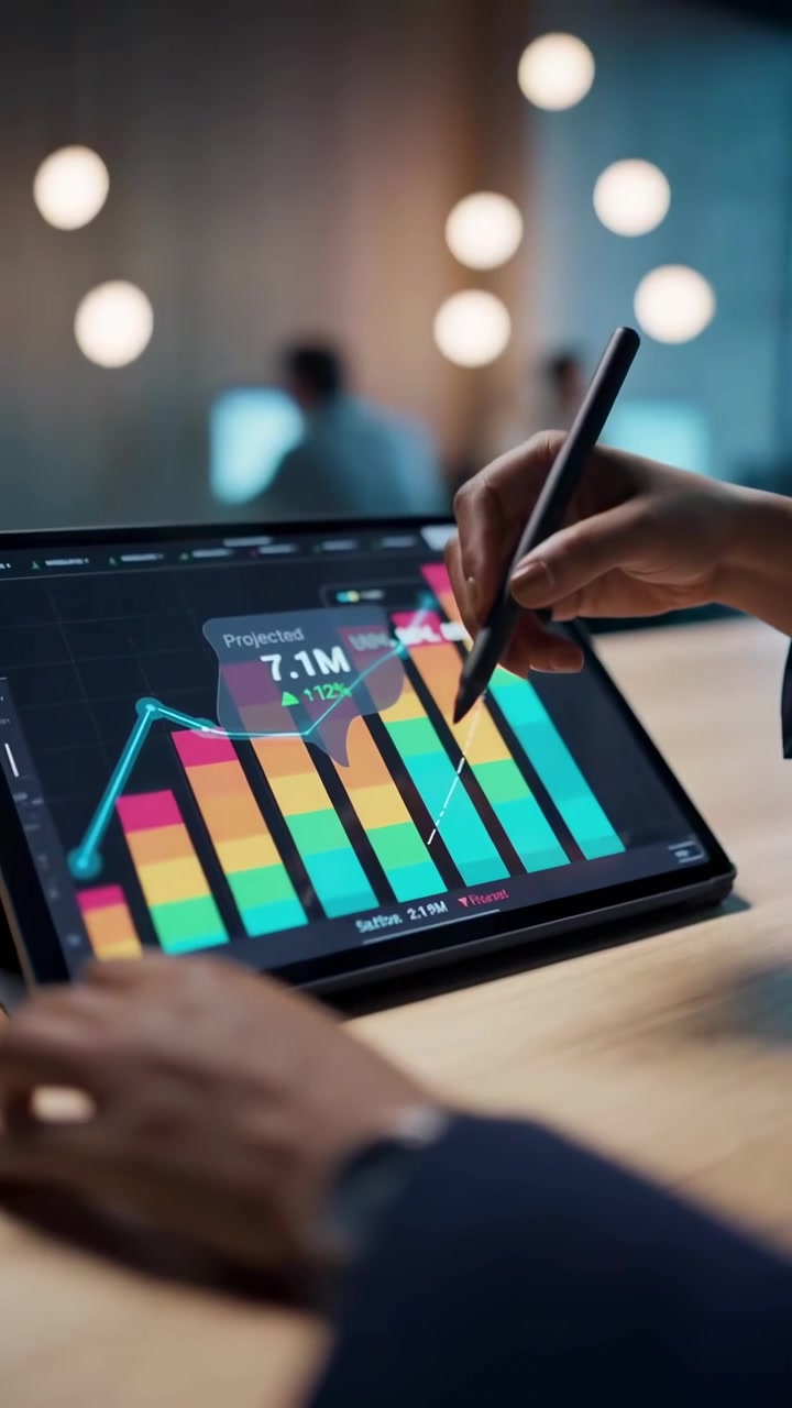 Forretningsperson analyserer digitalt datadiagram på nettbrett med pekepenn