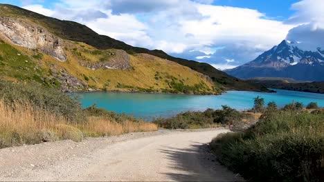 driving lake pehoe near torres del paine and cerro paine grande in chilean patagonia