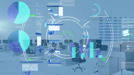 animation of scope scanning and data processing over empty office