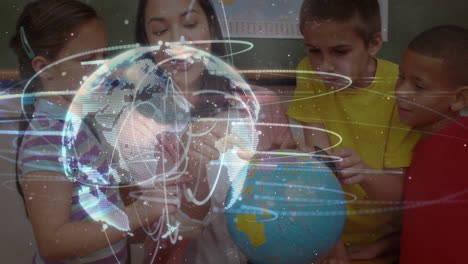 senderos de luz sobre el globo sobre una maestra que enseña geografía a los estudiantes en la escuela primaria