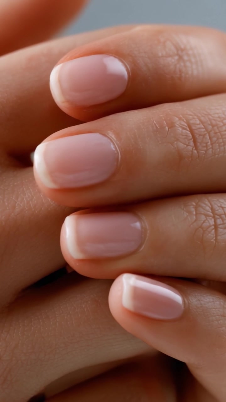 A Close-Up of Beautifully Manicured Nails Highlighting a Soft Pink Polish with Natural Elegance, Perfectly Shaped and Well-Cared for Hands in a Minimalist Setting