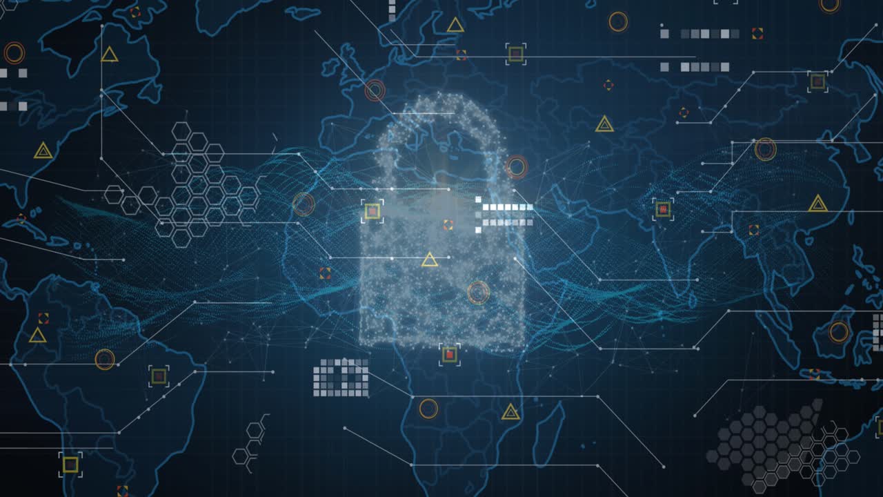Animation of padlock, cloud and data processing and world map