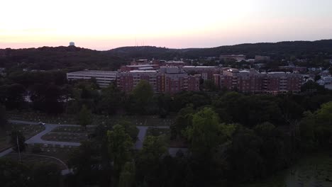 aerial view of suburban community at sunset