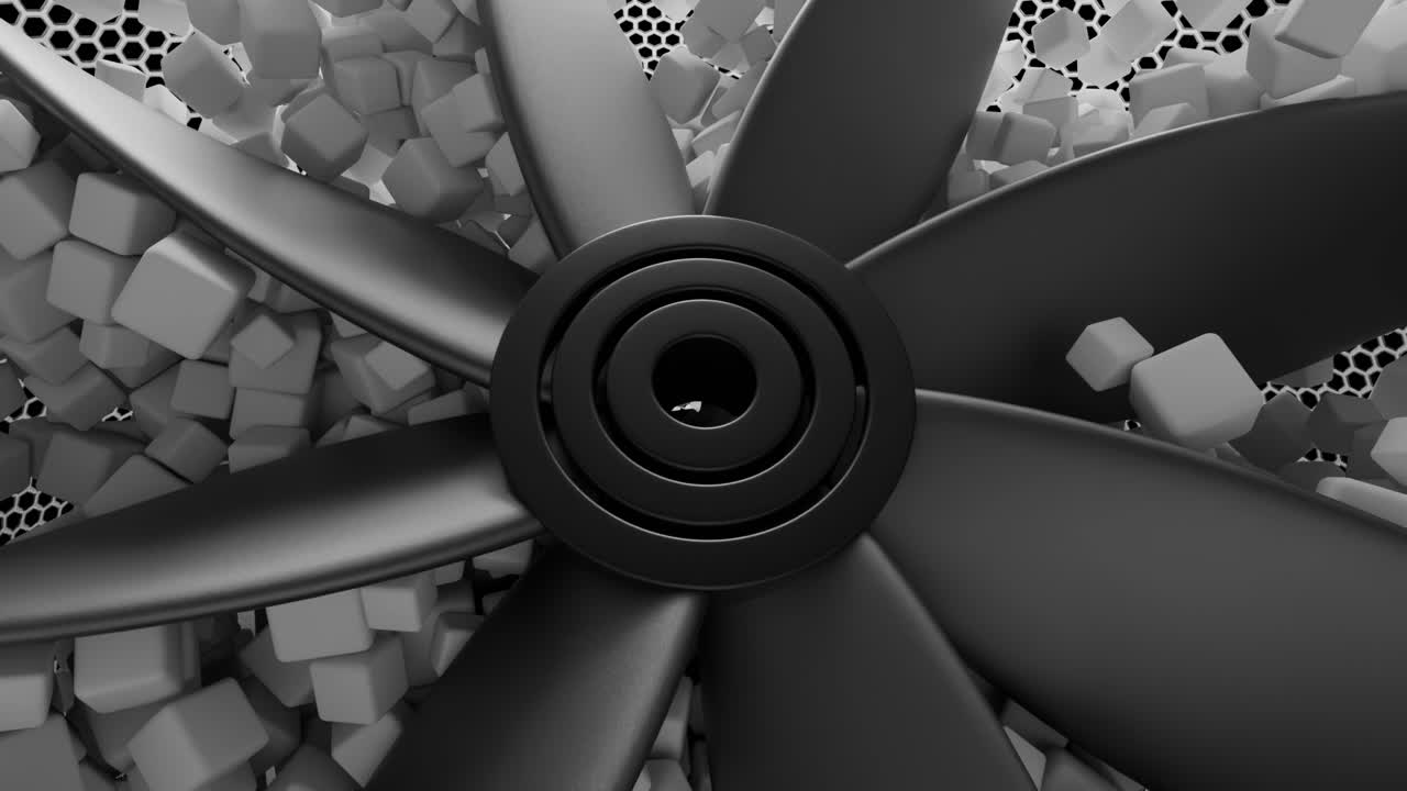 Close-up view of a computer fan with abstract geometric design