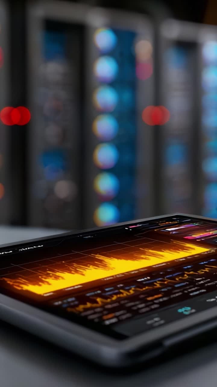 Analyzing Data Trends: Visualizing Sound Waveforms and Frequencies on a Tablet Interface with Computer Servers in the Background for an Insightful Audio Processing Experience