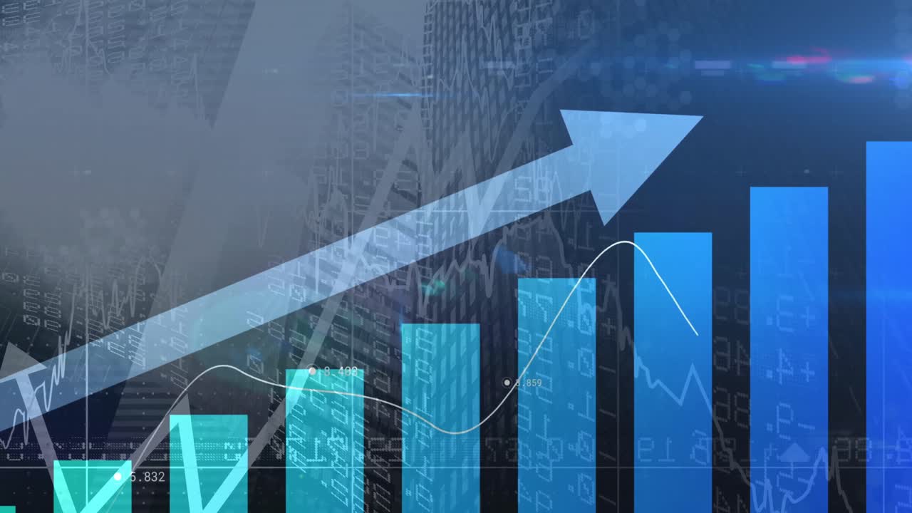 Animación de procesamiento de datos financieros con gráfico sobre paisaje urbano