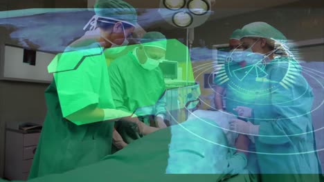Animation-of-data-processing-against-team-of-surgeons-performing-operation-at-hospital