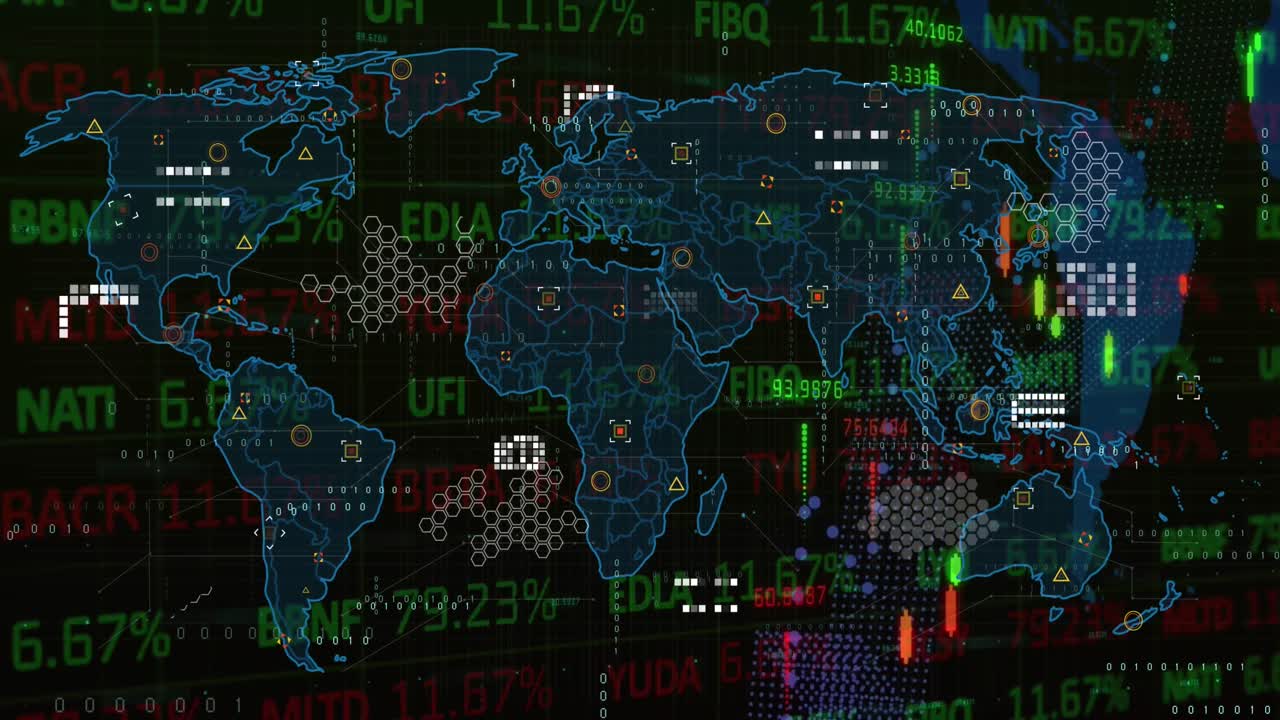 animación del procesamiento de datos financieros sobre el mapa del mundo