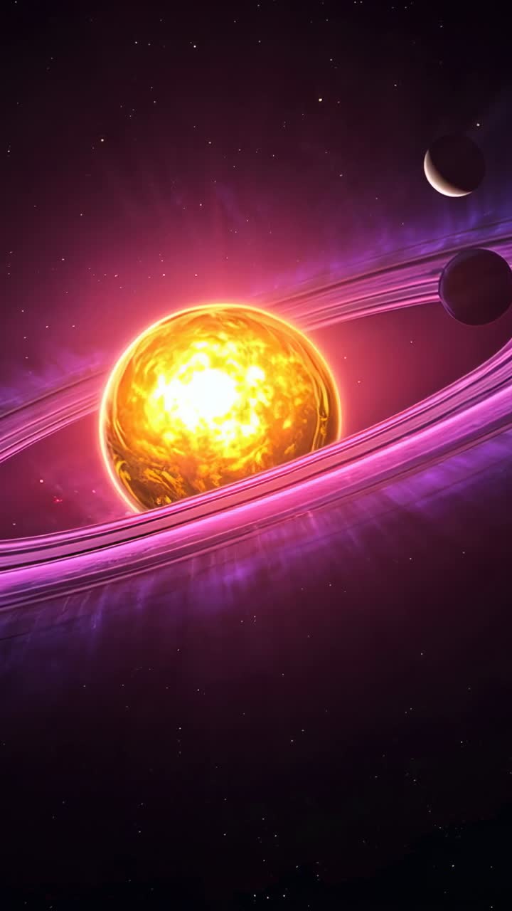 Vertical video: Pulsing core, orange star glowing at center in space with purple ring and two moons
