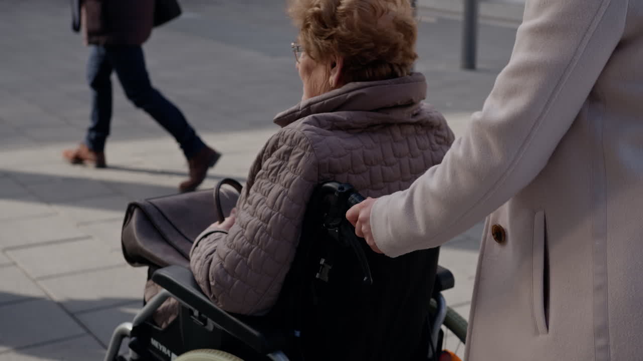 Woman pushing a wheelchair