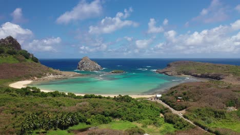 Drone-view-of-Sueste-beach-in-Fernando-de-Noronha,-Brazil