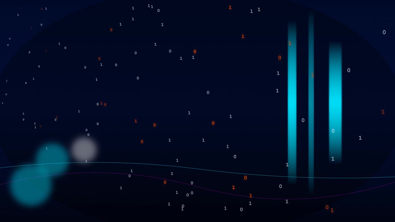 Abstract Digital Background with Floating Binary Code and Glowing Light Beams