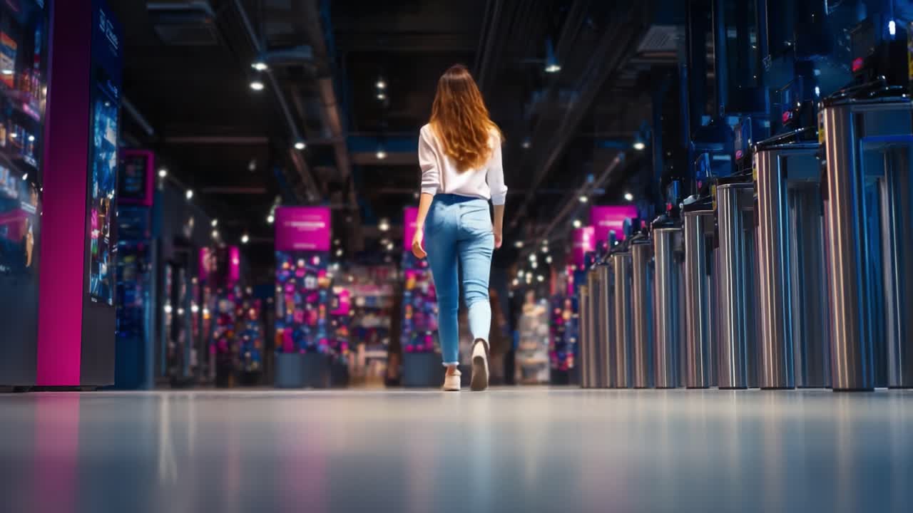 A young woman walks confidently down a modern retail aisle, surrounded by colorful displays and sleek designs, embodying the spirit of contemporary shopping experience