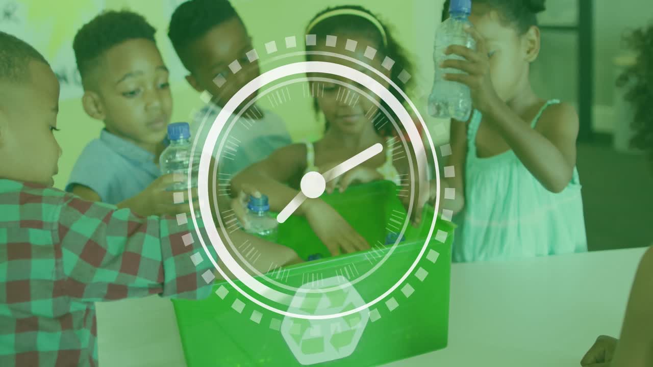 Animation of clock over diverse schoolchildren recycling plastic in class