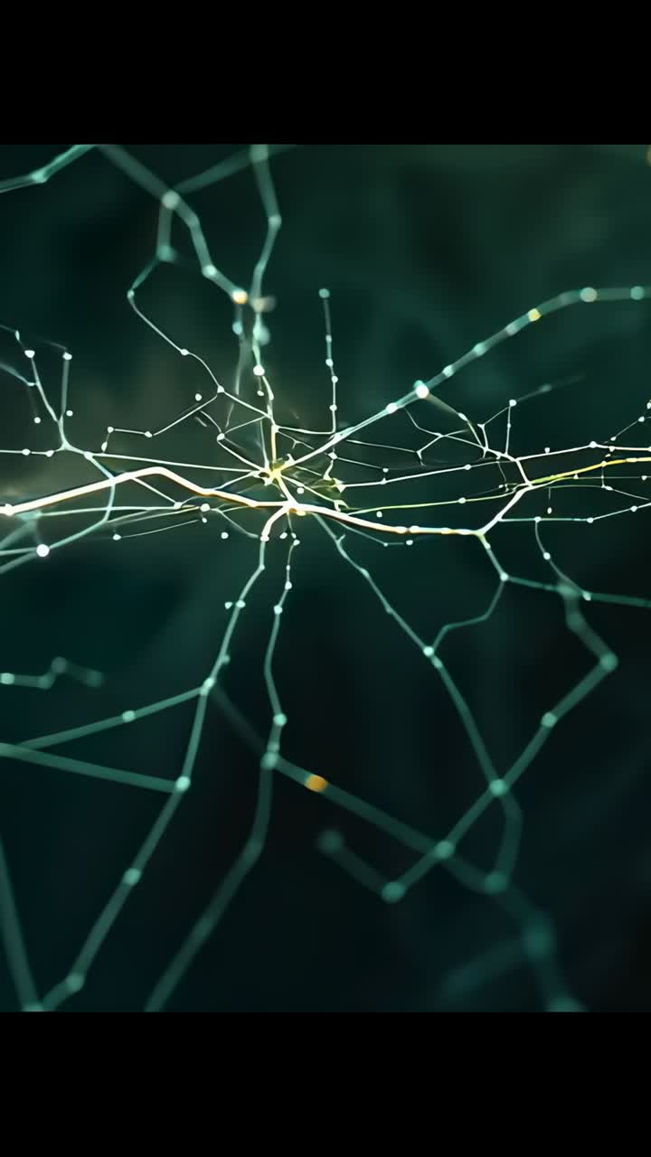 Vertical video: Pulsing core firing network sending light along strands in teal field, showing flow