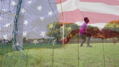 practicing soccer on field, player with american flag animation in background