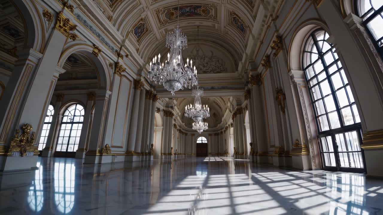 Un gran y opulento salón con candelabros, capturado en contrapicado.