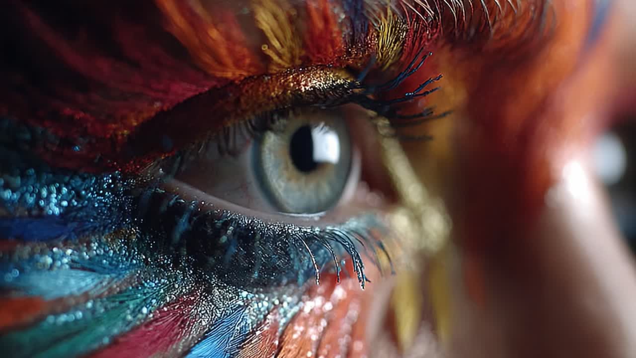A Close-Up Exploration of Artistic Eye Makeup: Vibrant Colors and Intricate Designs Showcase Creative Beauty Expression in an Enchanting Portrait