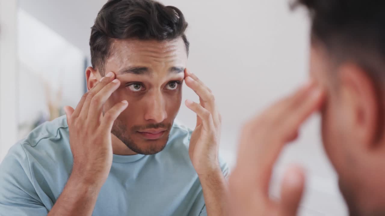 화장실 거울에서 자신의 얼굴과 머리카락을 검사하는 초점을 맞춘 두 인종의 남자가 느린 움직임을 보입니다.