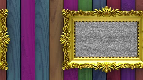 camera moves along gold picture frames on varicolored wood background. seamless looped 3d animation. mockup with tv noise and green screen.