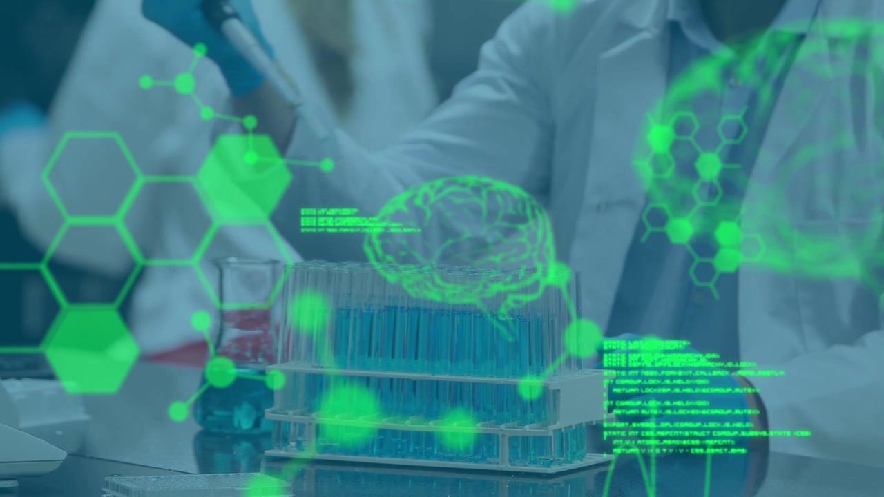 Animation of data processing over caucasian male scientist in lab