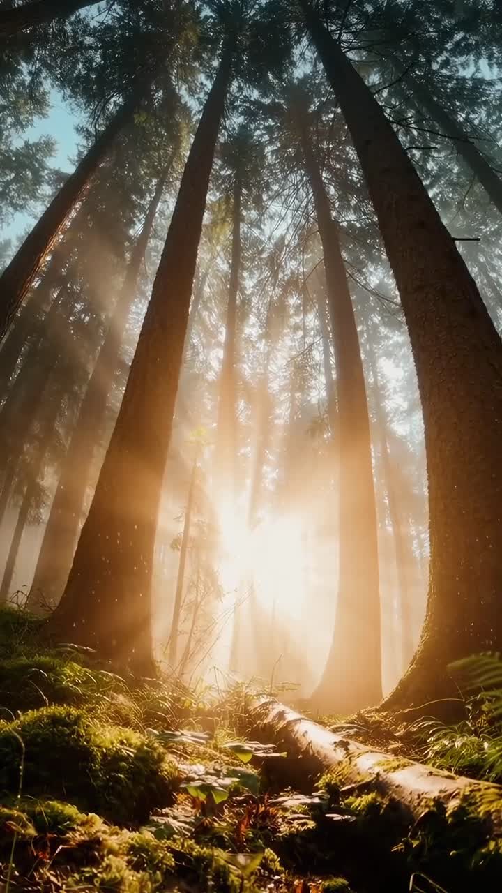 Sunlight filters through tall trees in a forest, captured from a low angle, ideal for a serene