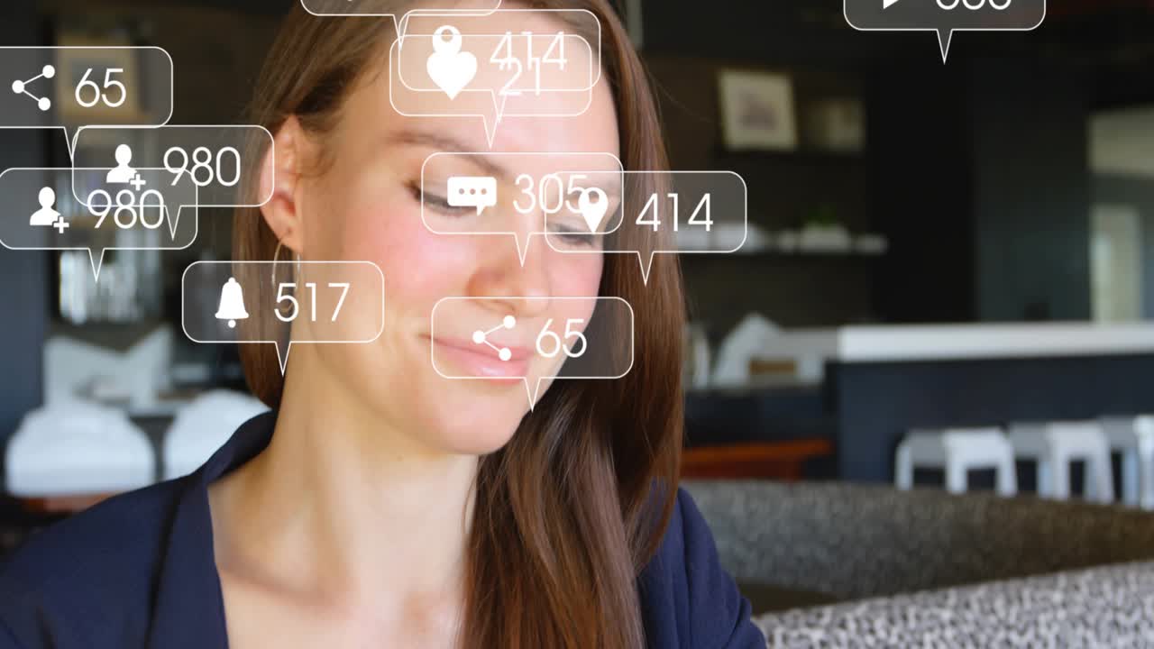 Woman holding tablet, tapping and scrolling, monitoring social notifications clustering near face