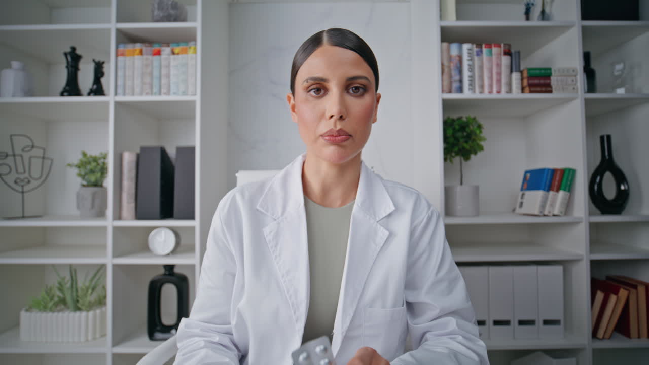 Doctor showing pills online consultation in hospital closeup. Woman physician