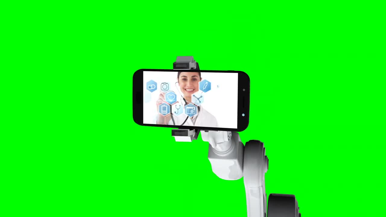 Video generato digitalmente di braccio robotico bianco che tiene un telefono cellulare che mostra icone mediche sullo schermo