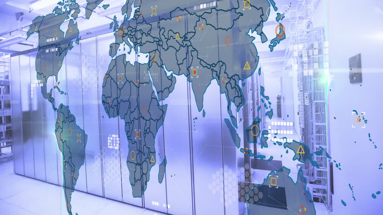 세계 지도, 통계 및 데이터 처리를 컴퓨터 서버를 통해 애니메이션