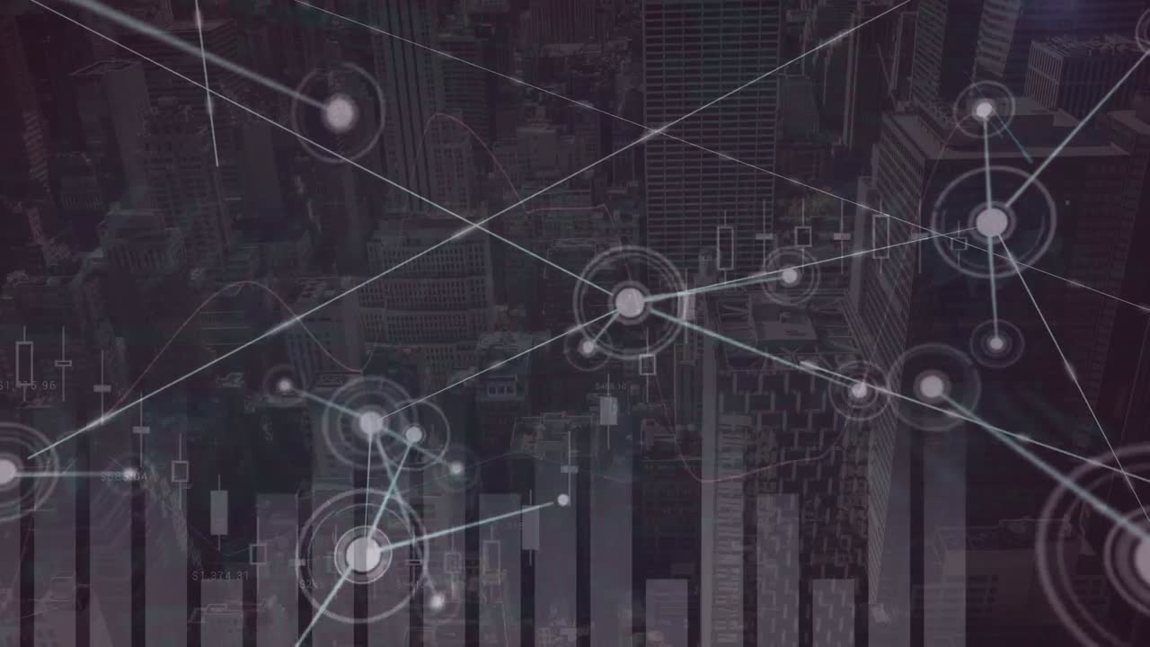 Animation of network of connections with data processing over cityscape