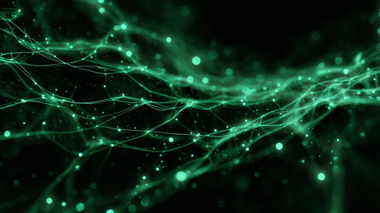 Abstract green plexus of lines and particles flowing and connecting in a seamless wave on a black background, representing a complex neural network or data communication system