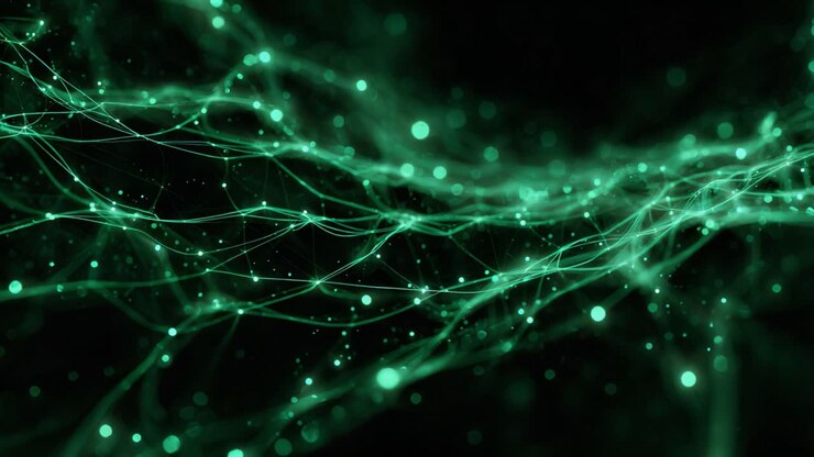 Abstract green plexus of lines and particles flowing and connecting in a seamless wave on a black background, representing a complex neural network or data communication system