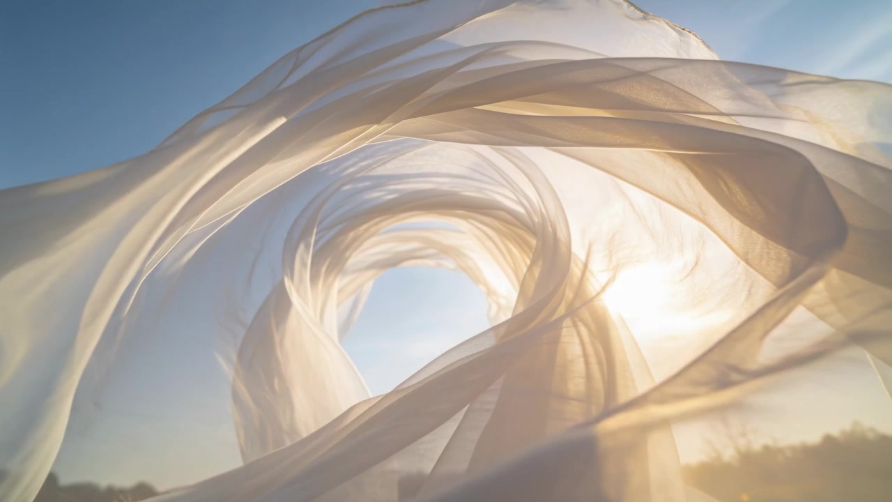 Tessuto di chiffon pallido che ondeggia formando un tunnel a spirale in un campo, la brezza spinge gli strati rivelando il sole