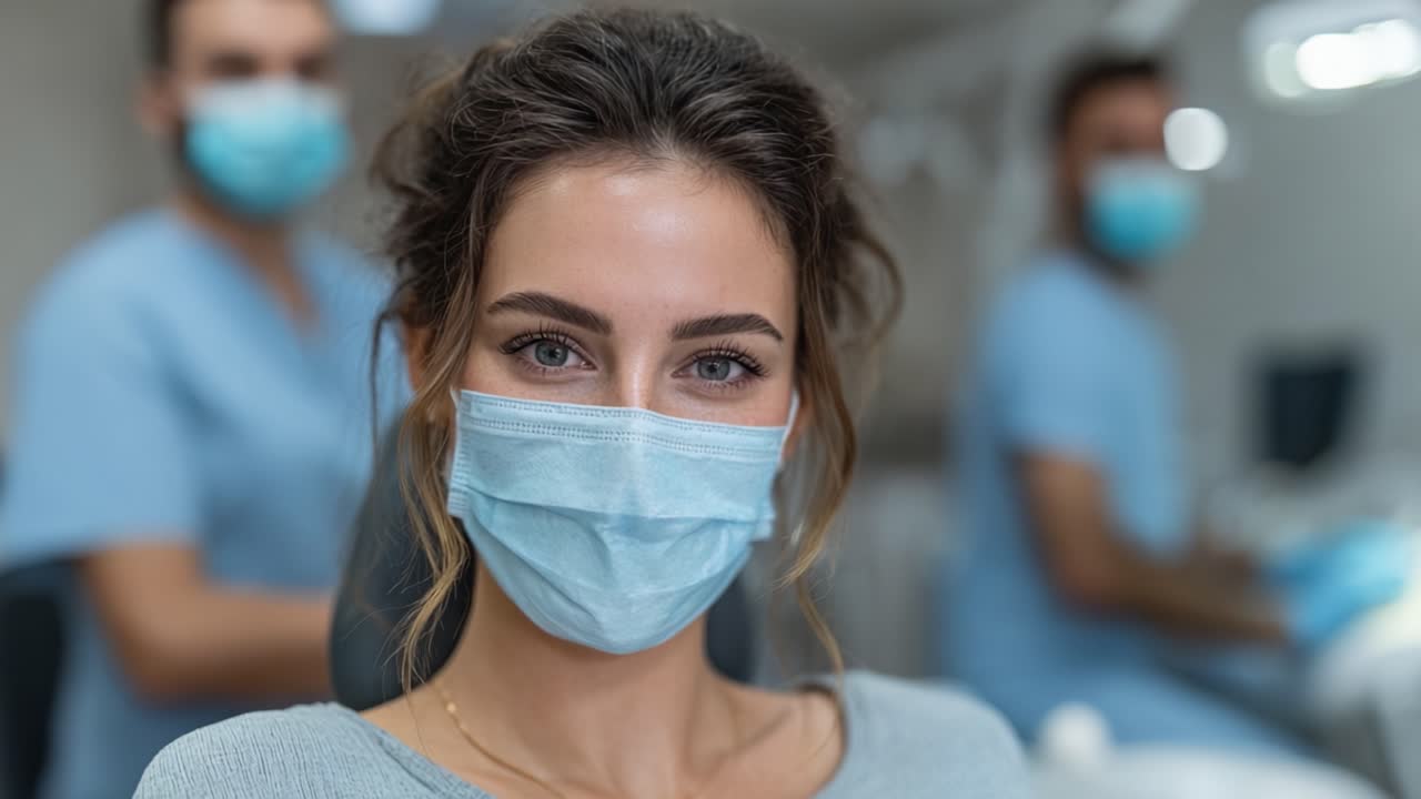 Uma jovem mulher sorrindo enquanto usa uma máscara cirúrgica em uma instalação médica, mostrando uma atmosfera amigável com profissionais de saúde ao fundo
