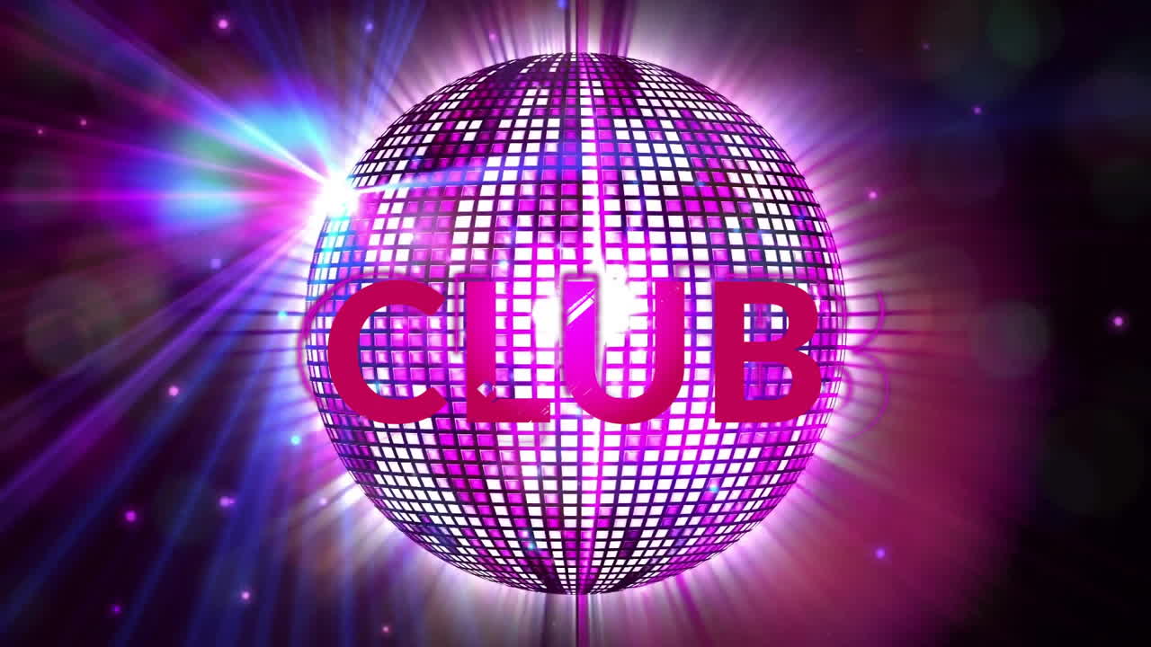 Animation of club text over disco ball on black background
