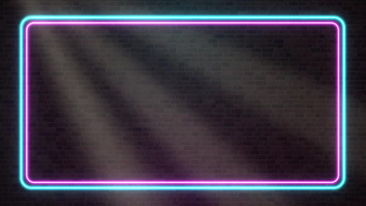 Cyan and magenta neon lights flicker on a dark brick wall with volumetric spotlights.