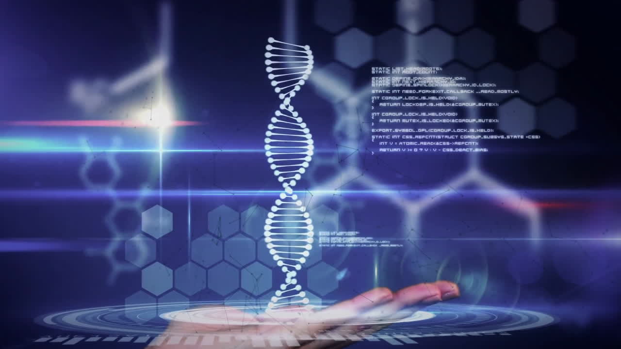 Visualizing animation of DNA strand and data over open hand with futuristic graphics