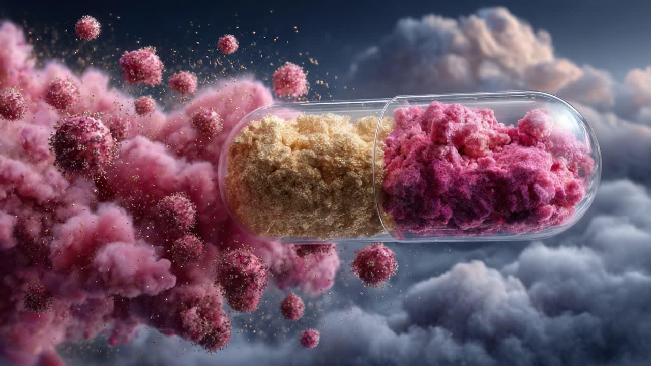 A Vibrant Capsule of Colorful Powder: An Artistic Representation of Medicine and Imagination, Blending Colors and Textures in a Stunning Clouded Background