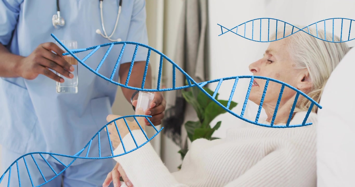 Sygeplejerske stiller vand og tilbyder derefter medicin til patient, der hælder en pille ud og nipper til vand.