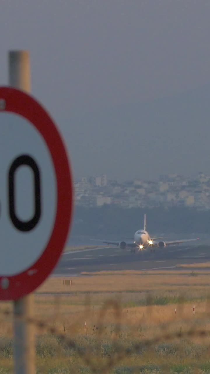 Avión comercial aterrizando en la pista con una señal de límite de velocidad en primer plano