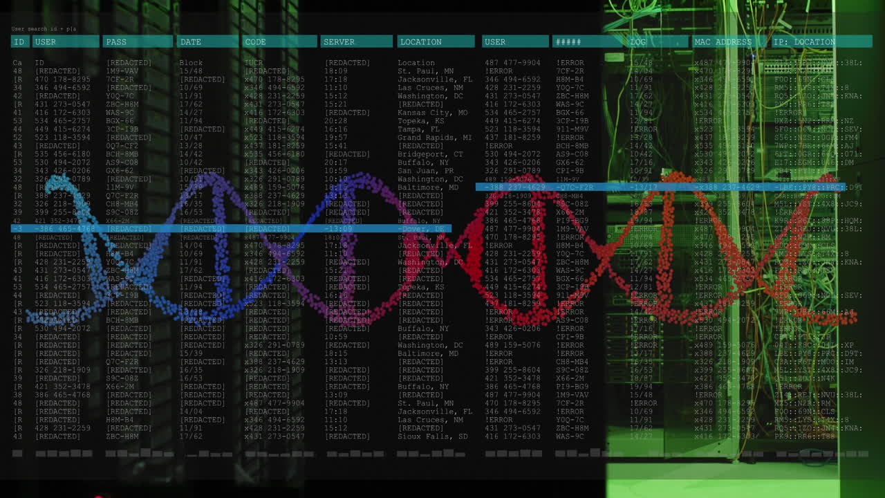 Animation of data processing and dna strand over server room